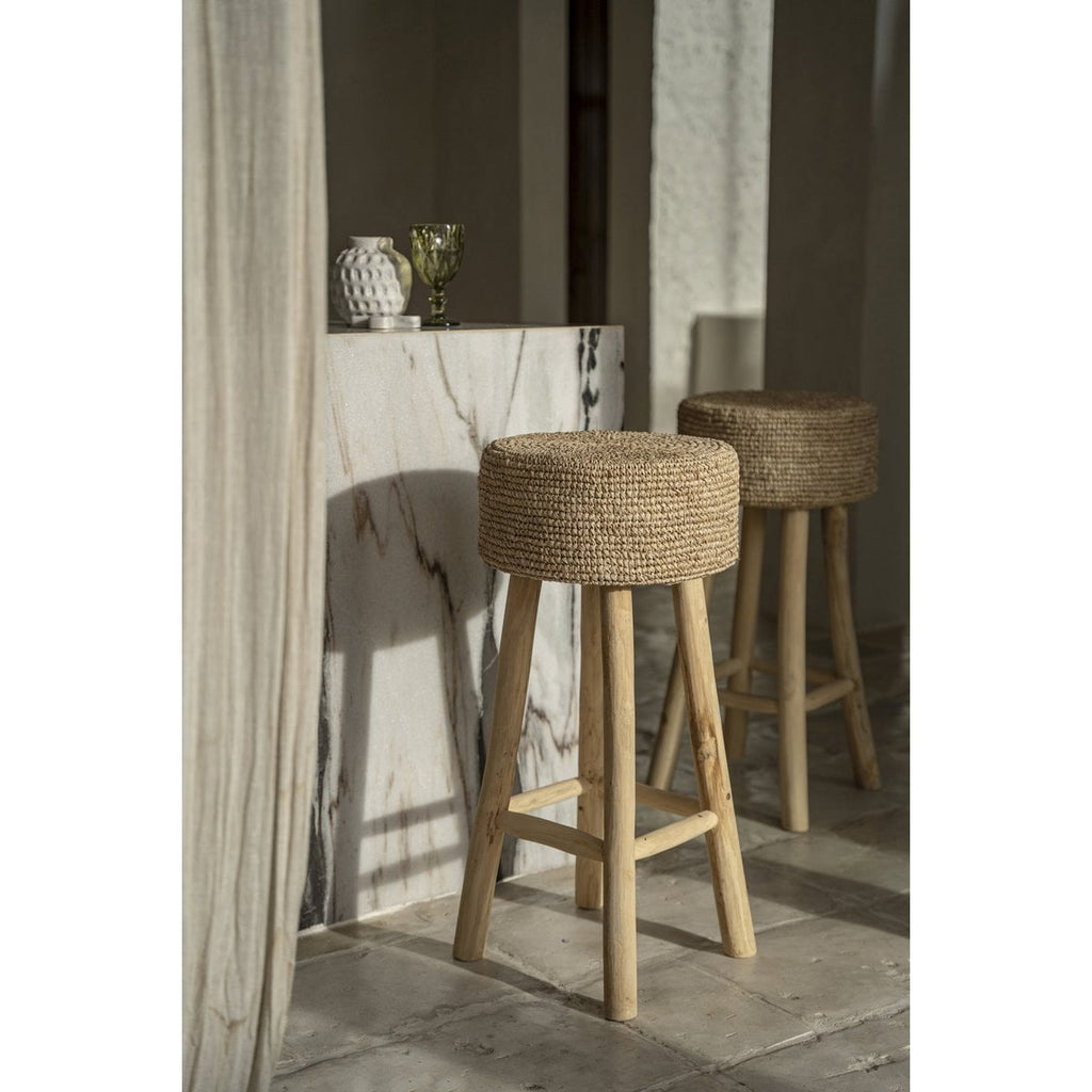 Tabouret de bar en raphia et teck – Naturel – 75cm | Bazar Bizar