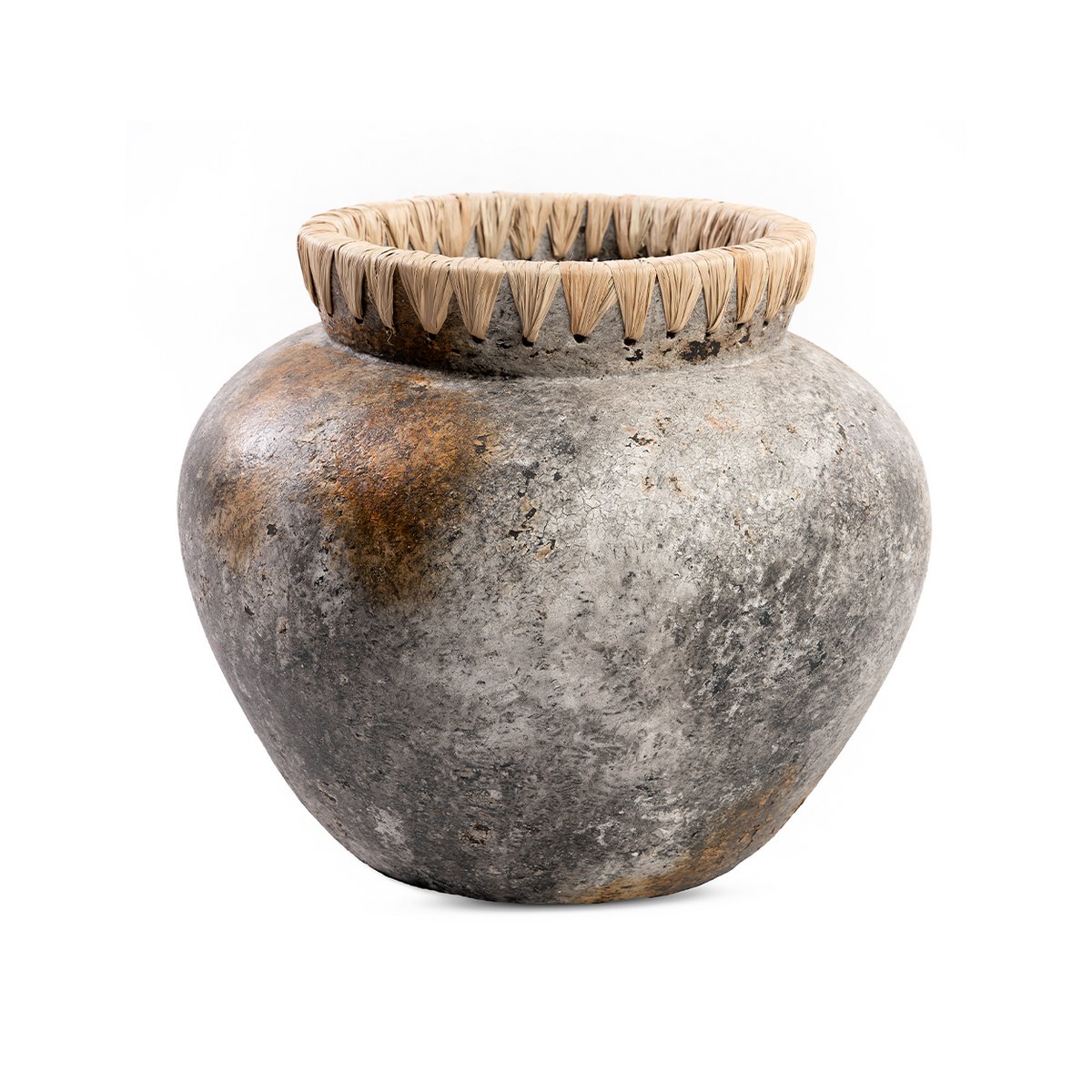 Vase en terre cuite et raphia Styly – Gris Antique – L | Bazar Bizar