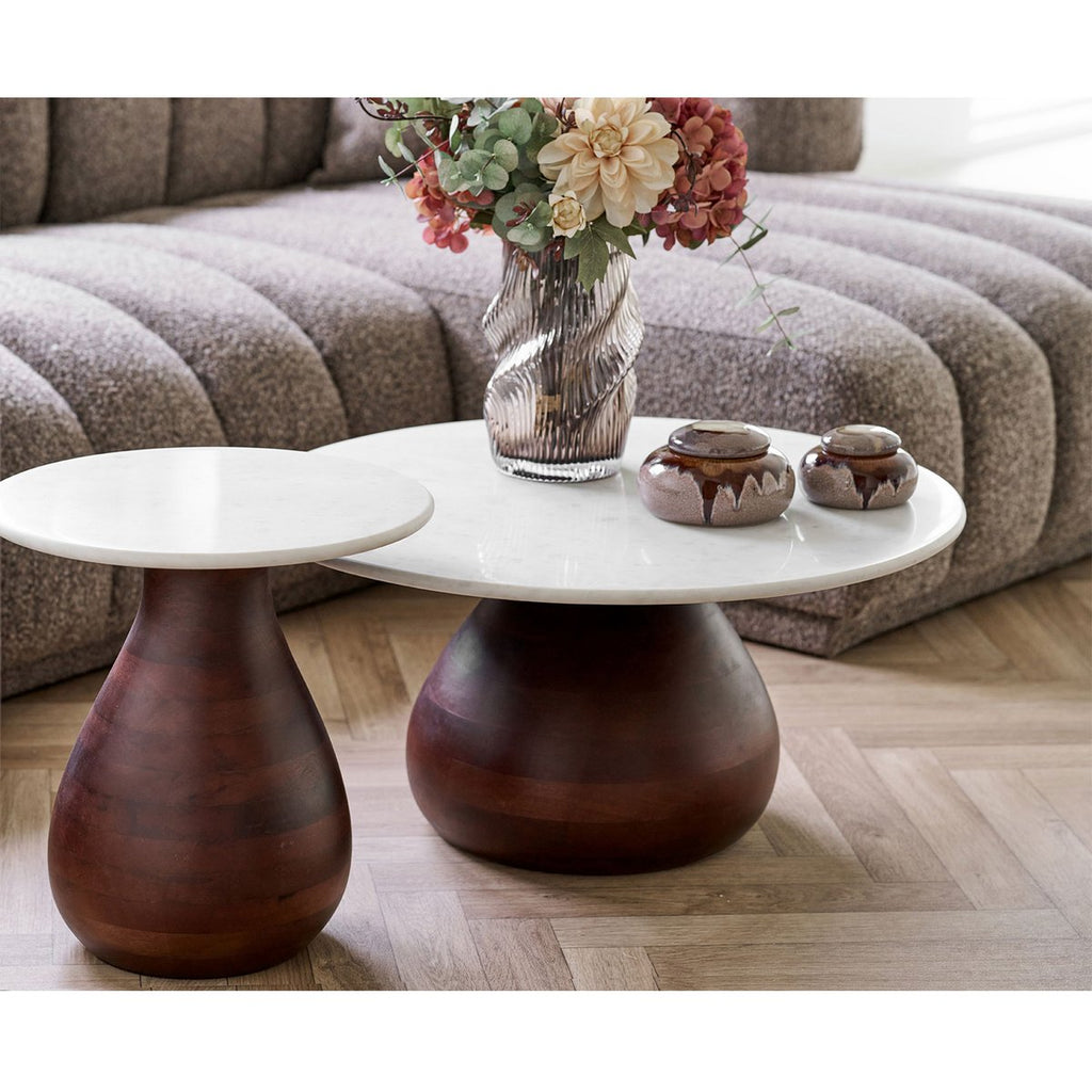 Table Basse Heide - Manguier Marron Foné & Plateau Marbre Blanc, Ø70x35 cm
