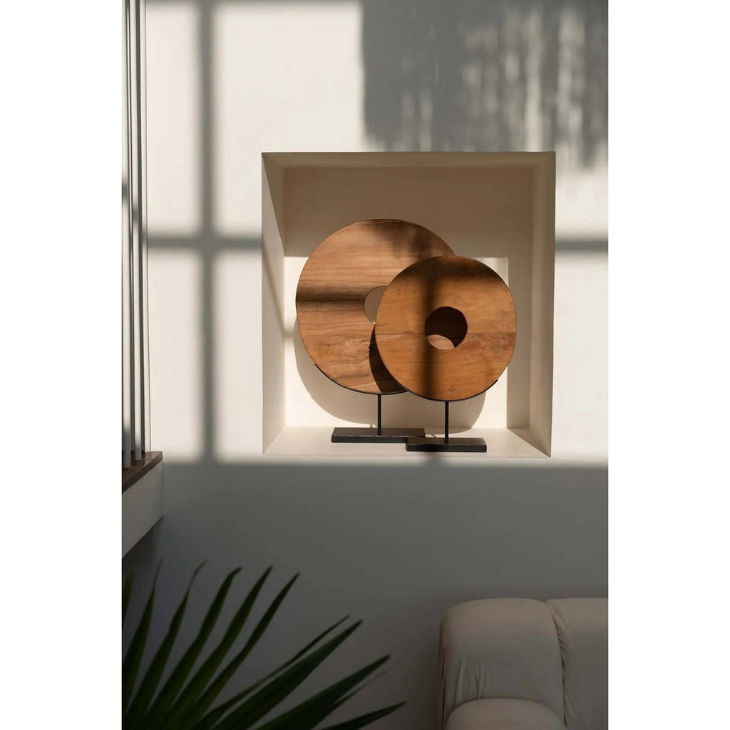 Sculpture disque en bois sur pied 60 cm