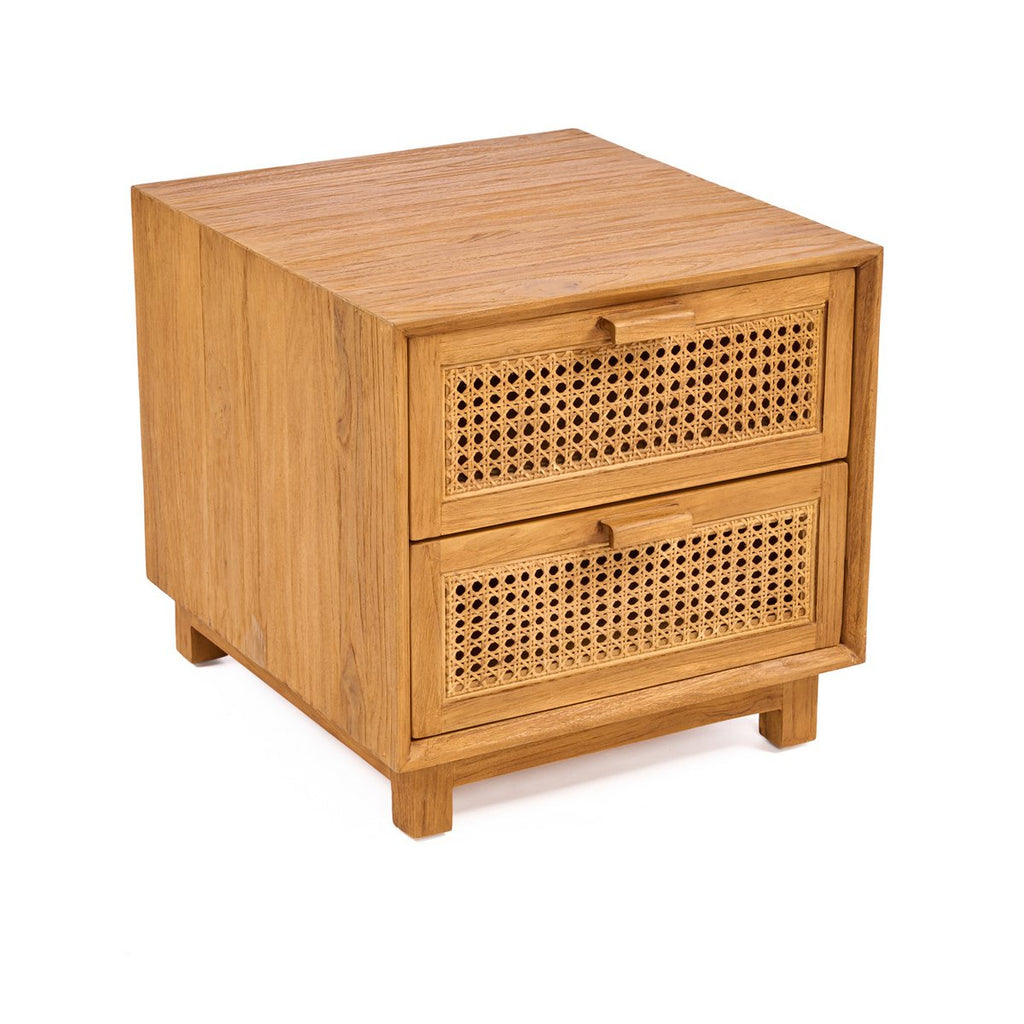 Table de nuit Harmony en teck et rotin naturel – 2 tiroirs