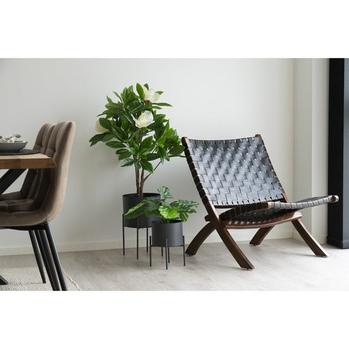 Chaise Pliante Perugia - Bois de Teck, Cuir, Noir - 66x74x73 cm