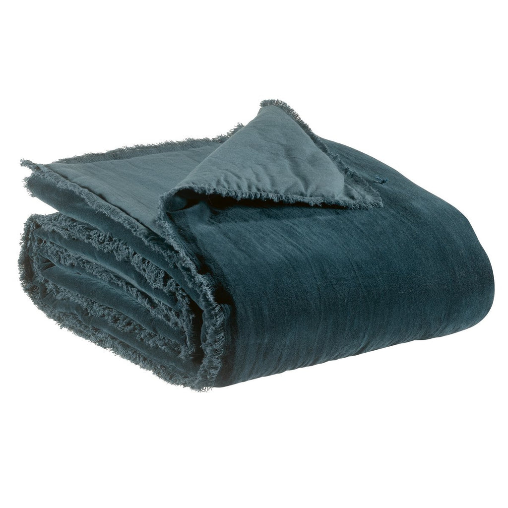 Édredon Uni Fara Paon 85x200 – Coton Velouté Frangé | Vivaraise