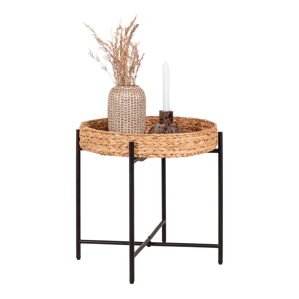Table d'Appoint Naro - Jacinthe d'Eau, Métal, Noir/Naturel - Ø50x48,5 cm