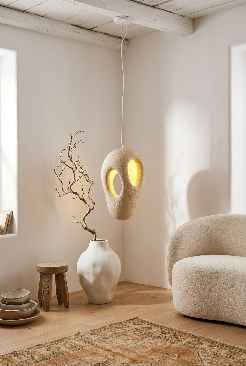 Suspension Aki beige sable en métal aspect plâtre – Ø 43 cm