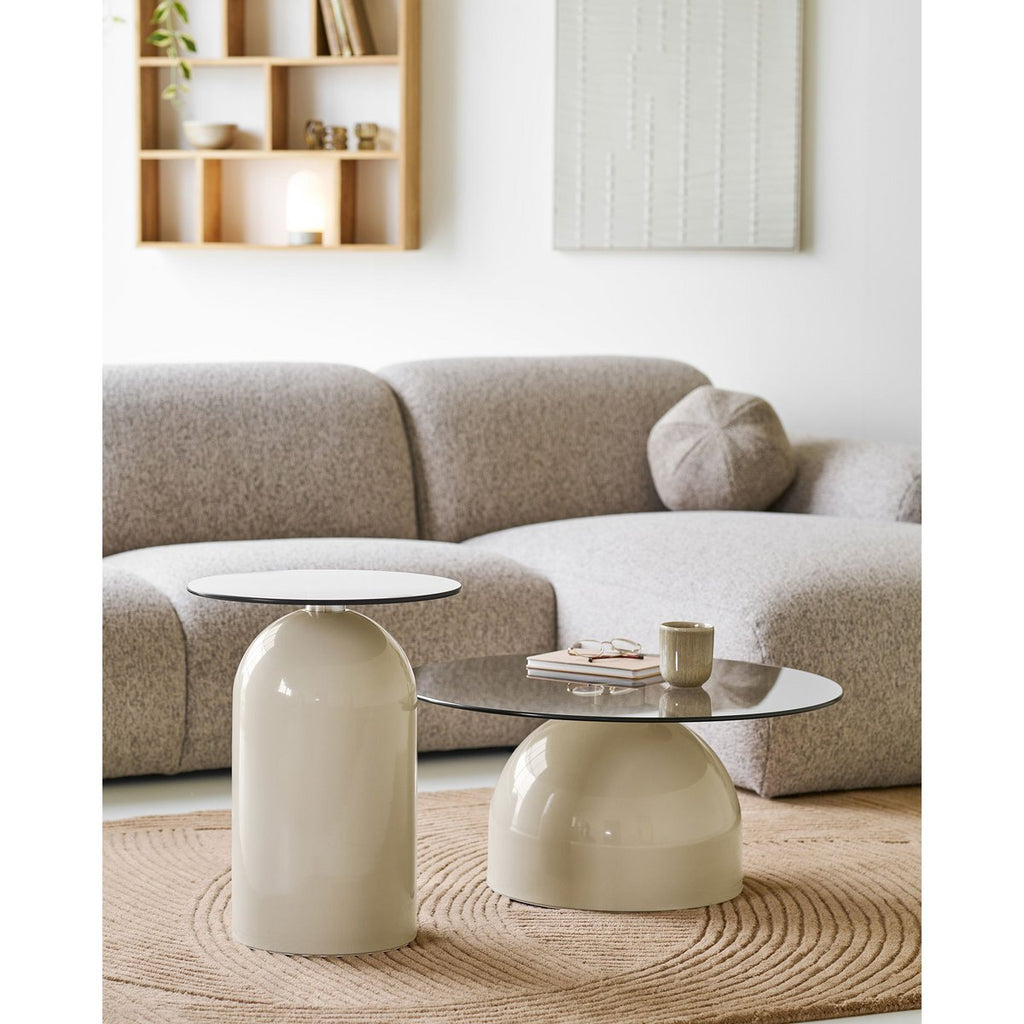 Table d'Appoint Ravello - Verre Trempé & Métal Gris/Beige, Ø40x52 cm