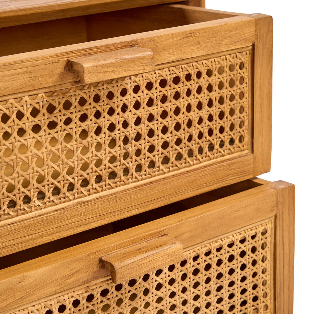 Table de nuit Harmony en teck et rotin naturel – 2 tiroirs