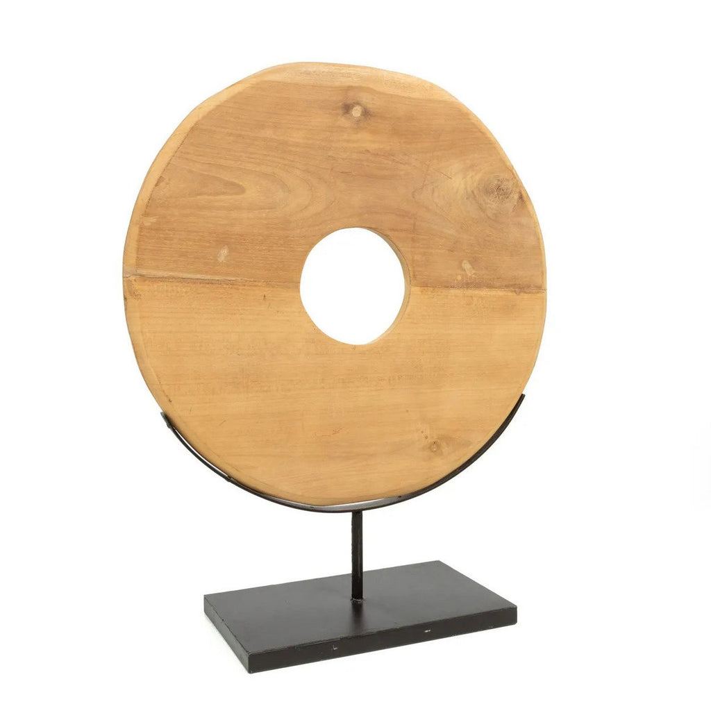 Sculpture disque en bois sur pied 60 cm