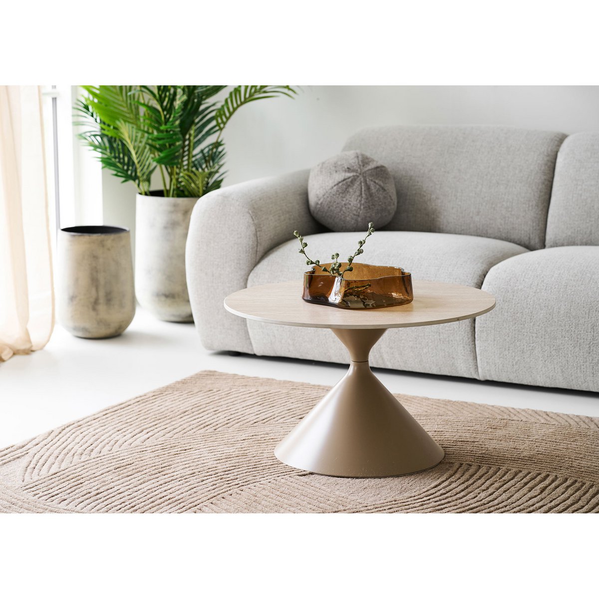 Table Basse Annecy - Céramique Travertin & Acier Sable, Ø70x41 cm