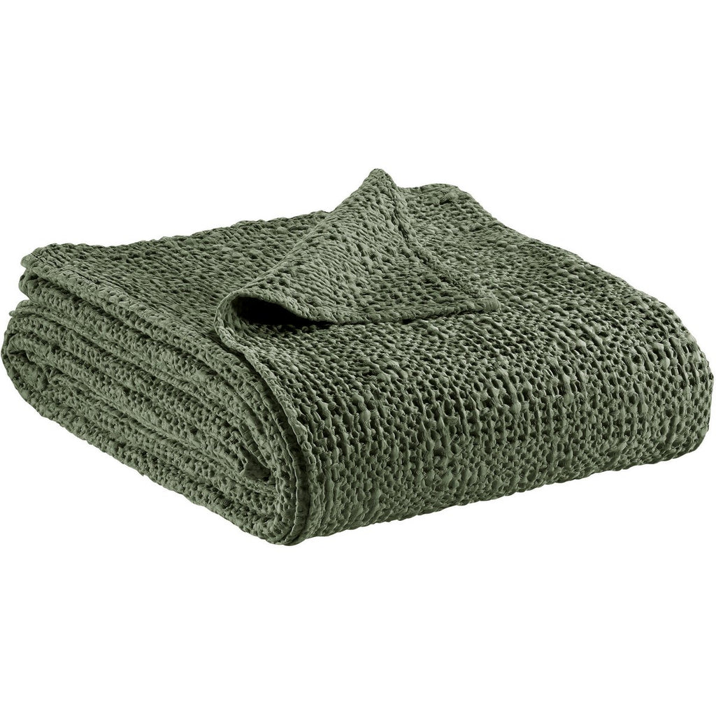 Jeté de lit Tana Olive en coton stonewashed 180 × 260 cm