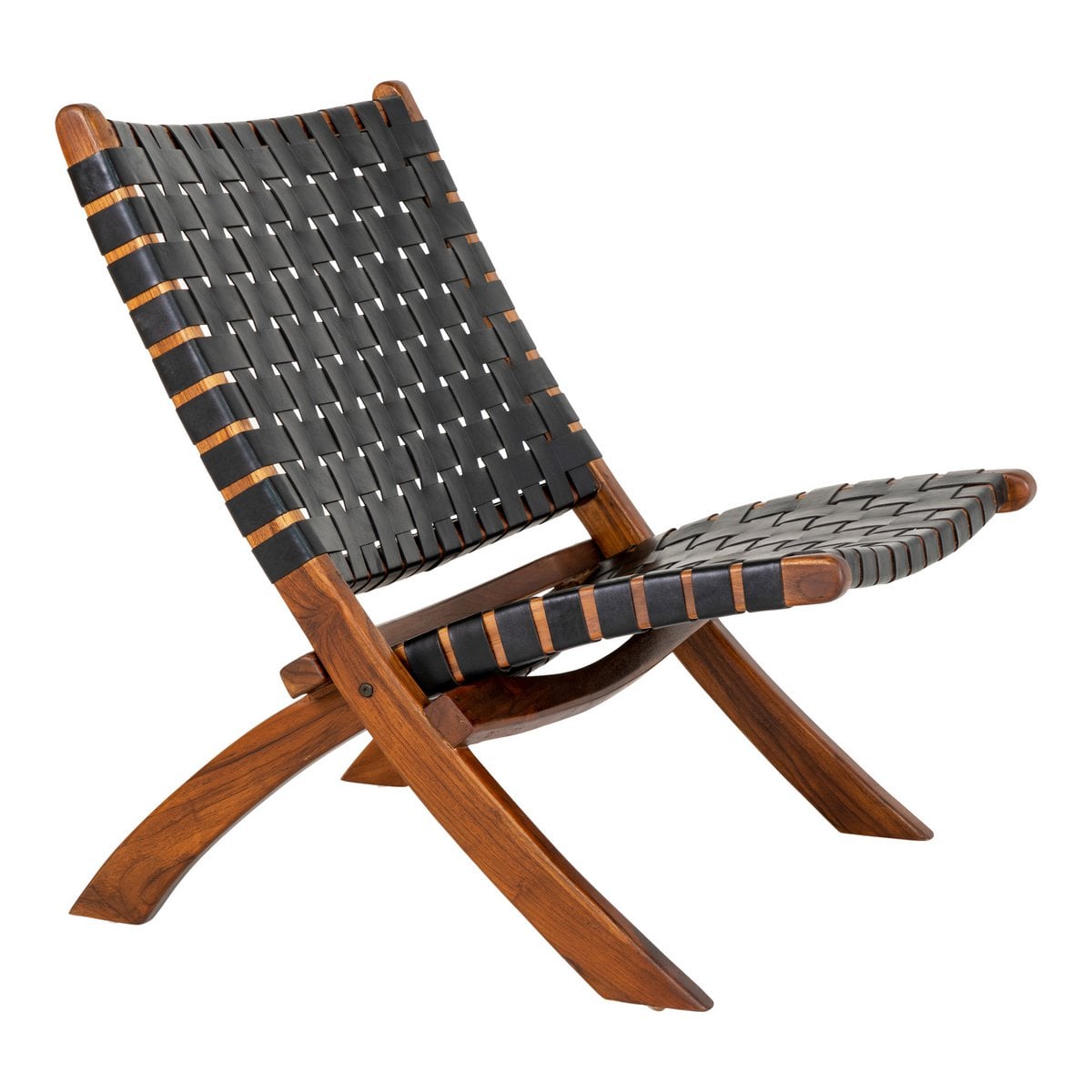 Chaise Pliante Perugia - Bois de Teck, Cuir, Noir - 66x74x73 cm