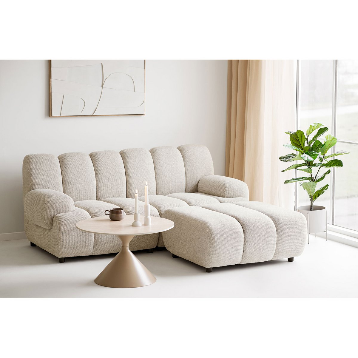 Table Basse Annecy - Céramique Travertin & Acier Sable, Ø70x41 cm