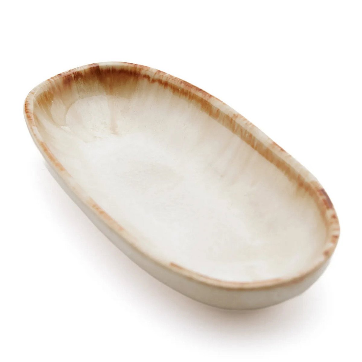 Assiette ovale en grès Cascais – Blanc Nacré Bord Ambré – S | Bazar Bizar