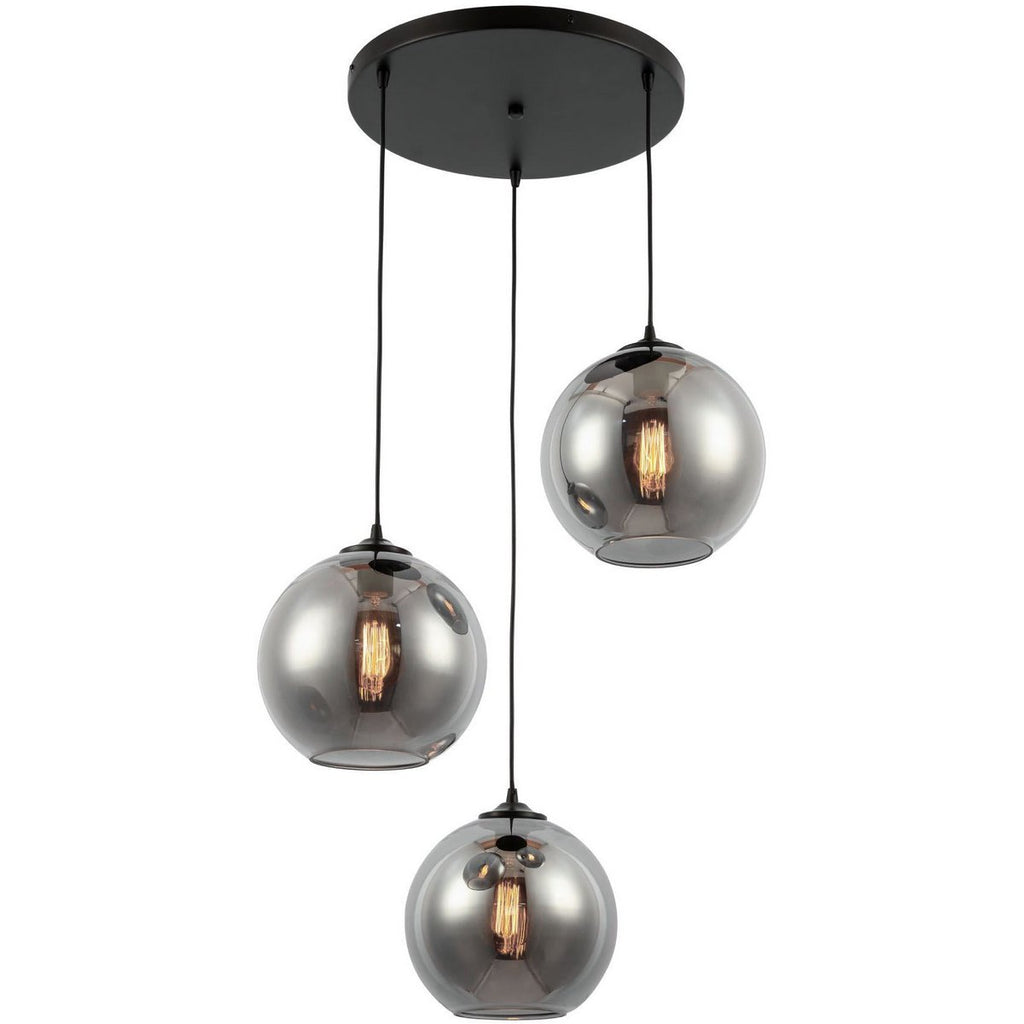 Suspension en verre fumé – 3 lumières, globes Ø 25 cm