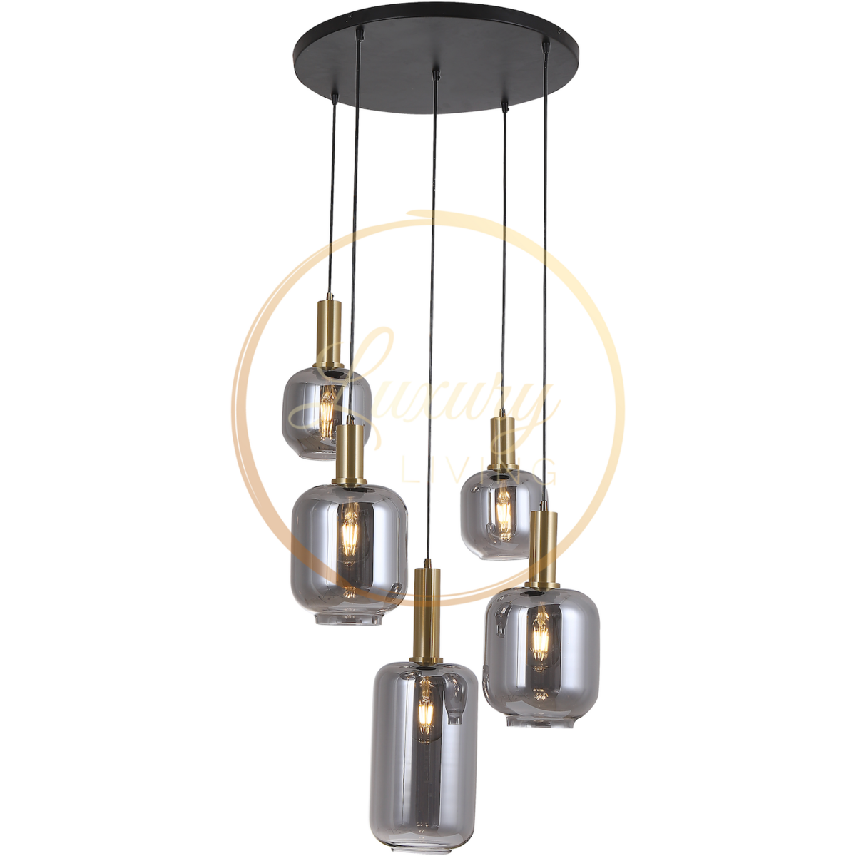 Suspension Lily – 5 lumières en verre fumé et détails dorés