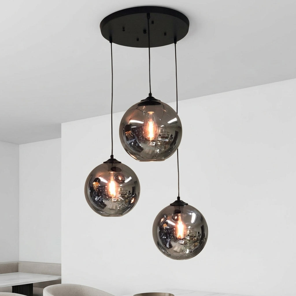 Suspension en verre fumé – 3 lumières, globes Ø 25 cm