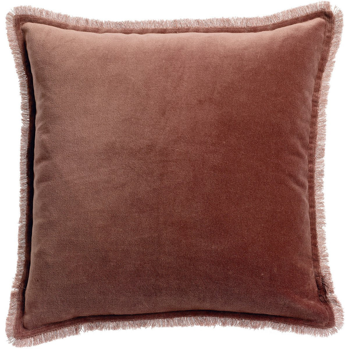 Coussin uni Fara Café en velours de coton à franges 45 × 45 cm