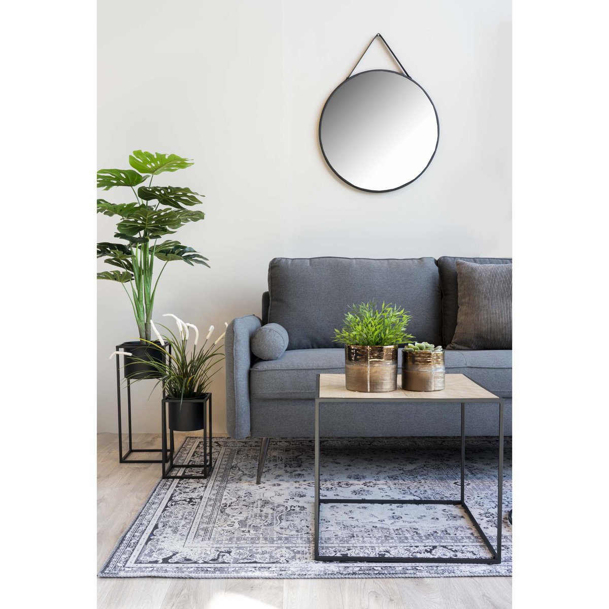 Miroir Trapani - Noir, Acier, Cuir Artificiel, Ø38cm