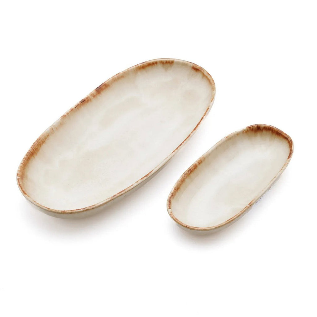 Assiette ovale en grès Cascais – Blanc Nacré Bord Ambré – S | Bazar Bizar