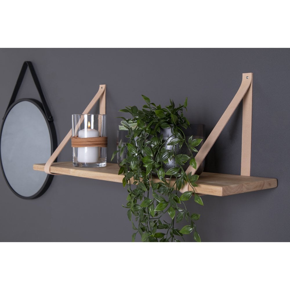 Étagère Murale Forno - Bois Huilé & Sangles Cuir Marron, 120x20 cm