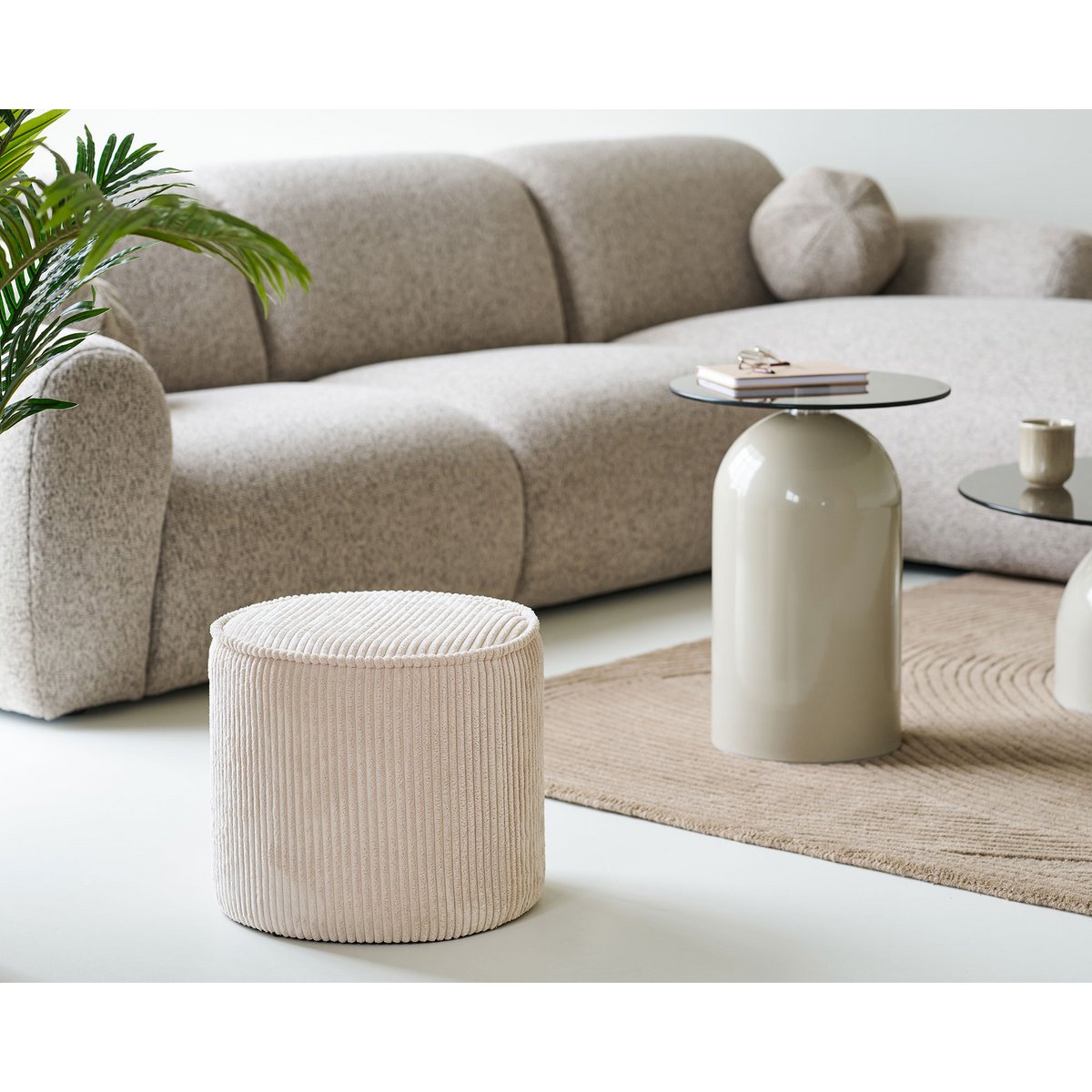 Pouf Taupo - Velours Côtelé Beige, Ø40x35 cm
