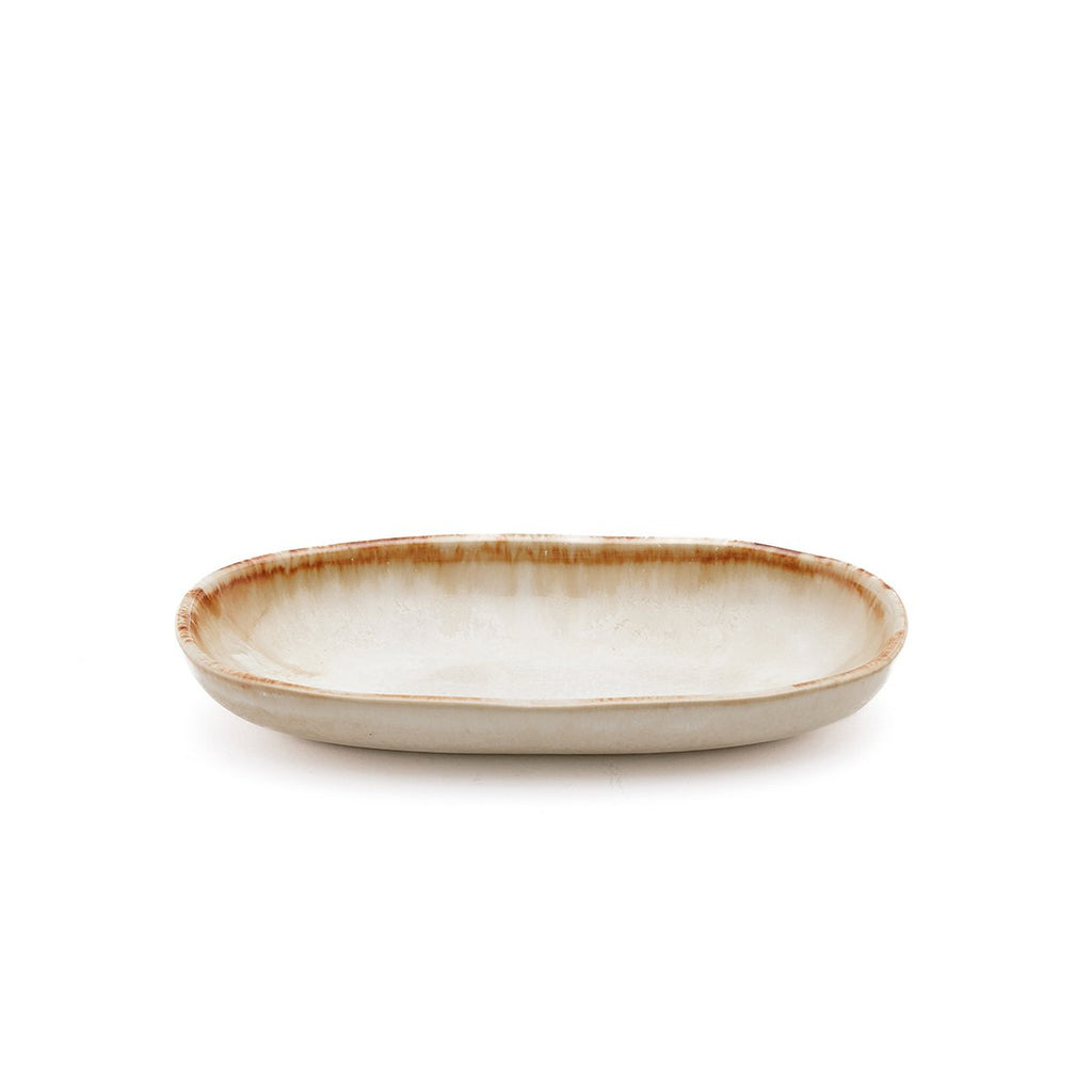 Assiette ovale en grès Cascais – Blanc Nacré Bord Ambré – S | Bazar Bizar