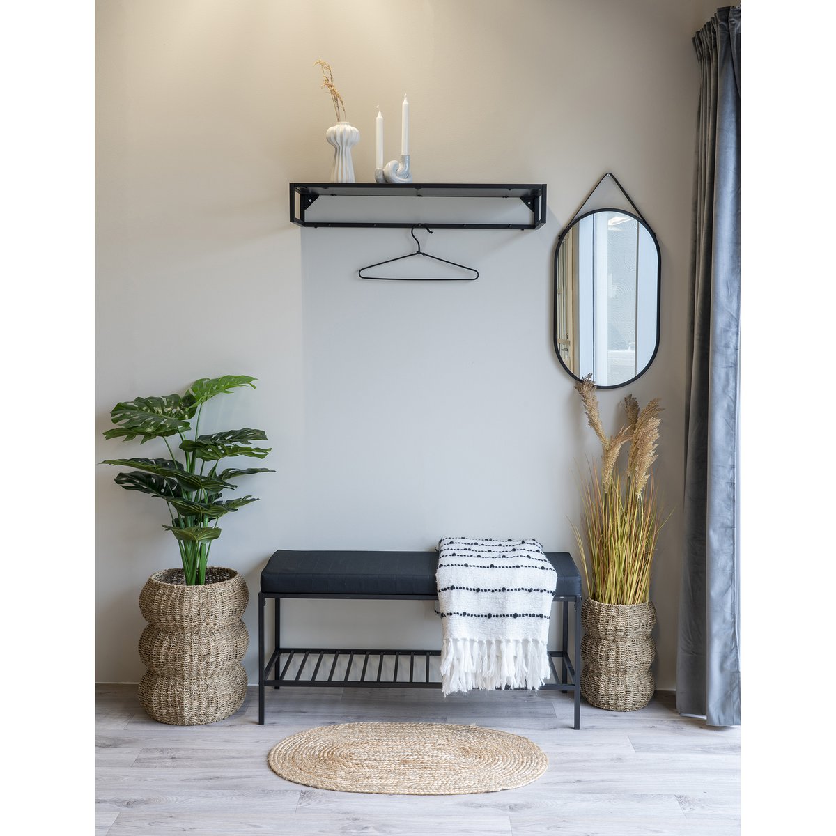 Miroir Trapani - Noir, Acier/Cuir Artificiel, 35x60 cm