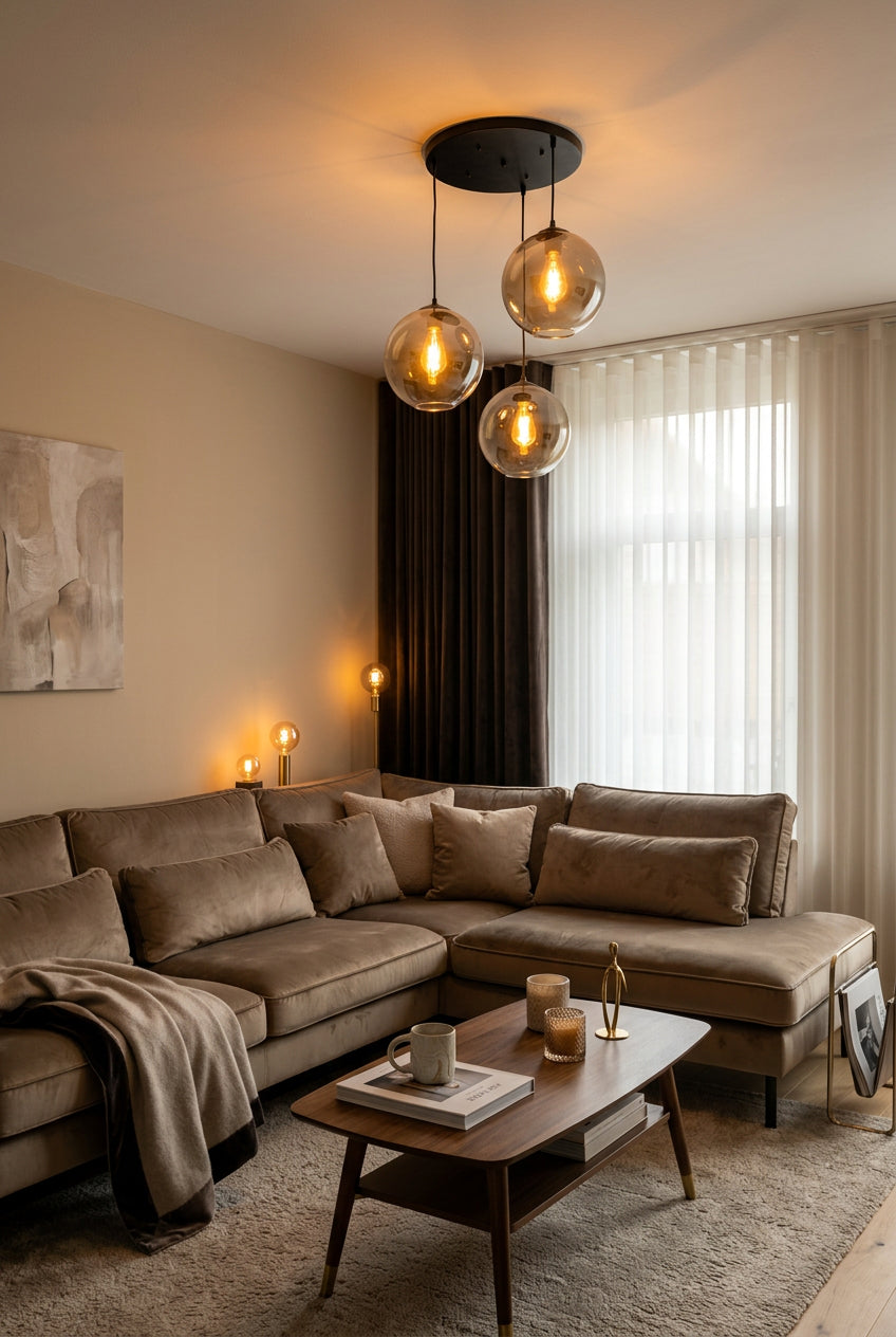 Suspension en verre fumé – 3 lumières, globes Ø 25 cm