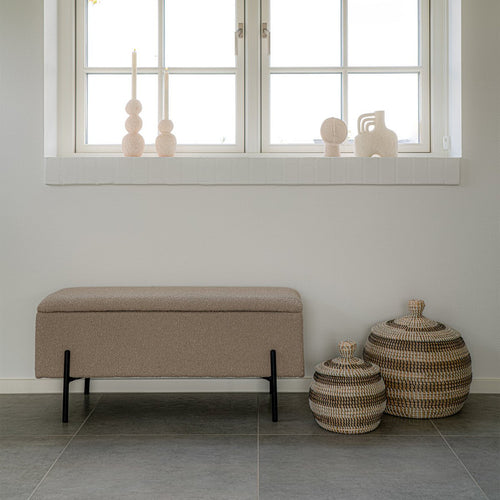 Banc coffre Watford – Bouclé beige & pieds métal noir