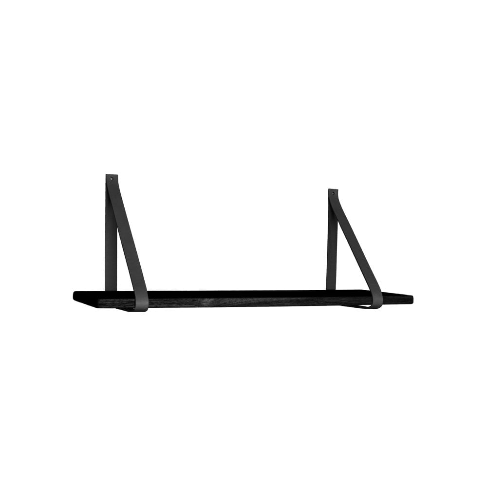 Étagère Murale Forno - Bois d'Hévéa & Cuir Noir, 80x20 cm
