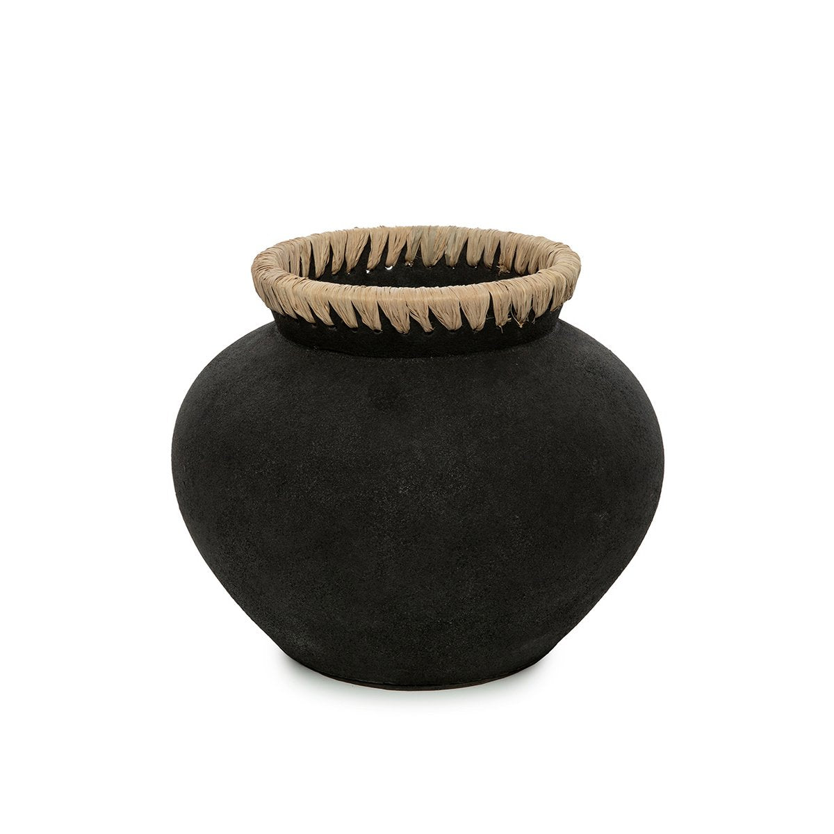 Vase en terre cuite et raphia Styly – Noir Naturel – M | Bazar Bizar