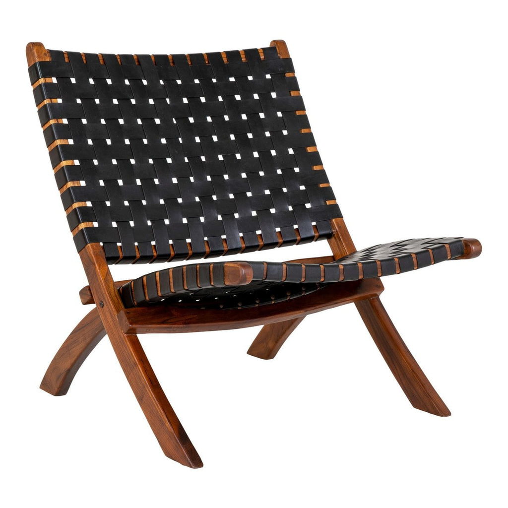 Chaise Pliante Perugia - Bois de Teck, Cuir, Noir - 66x74x73 cm
