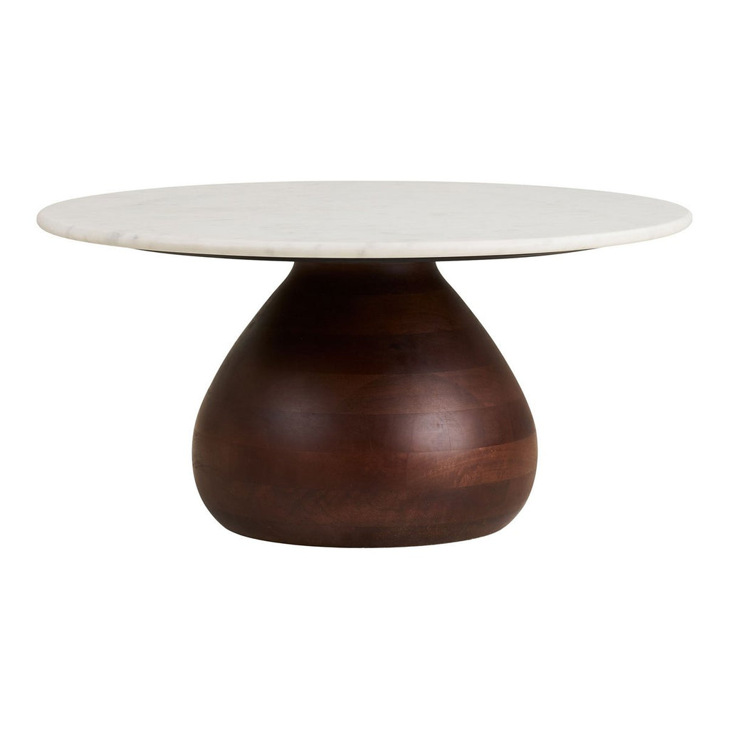 Table Basse Heide - Manguier Marron Foné & Plateau Marbre Blanc, Ø70x35 cm