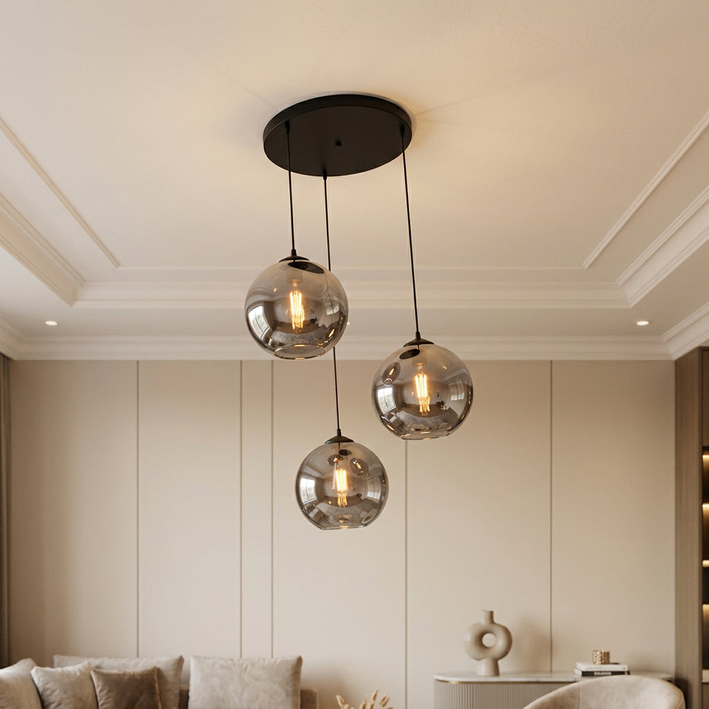 Suspension en verre fumé – 3 lumières, globes Ø 25 cm