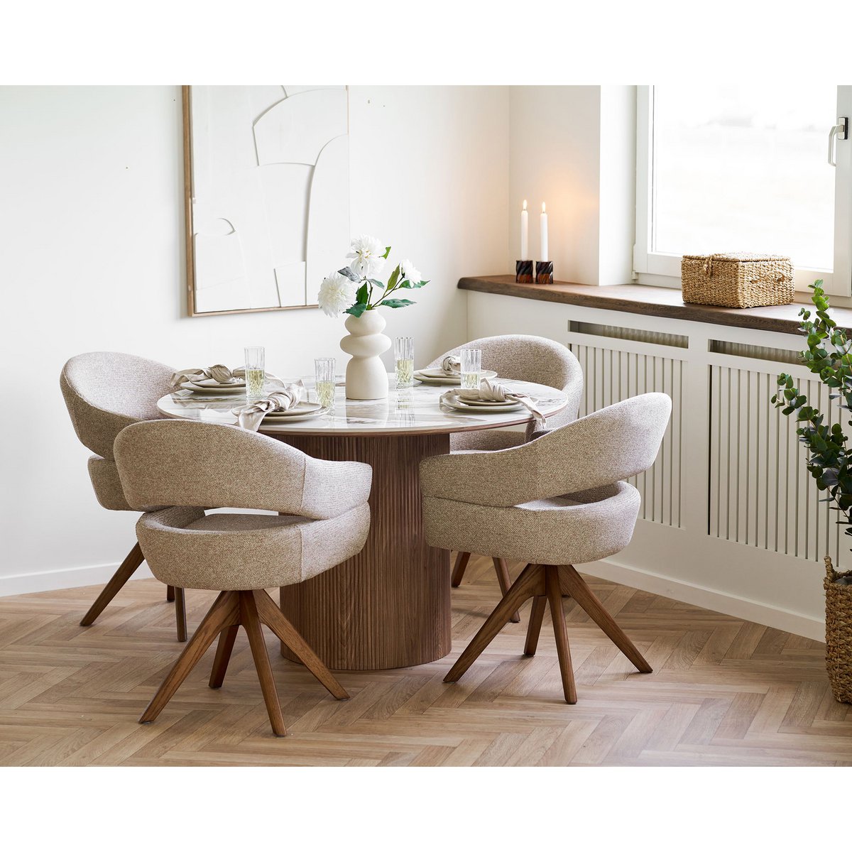 Chaise de Salle à Manger Dover - Tissu Sable Chiné & Pieds Chêne Brun Pivotants