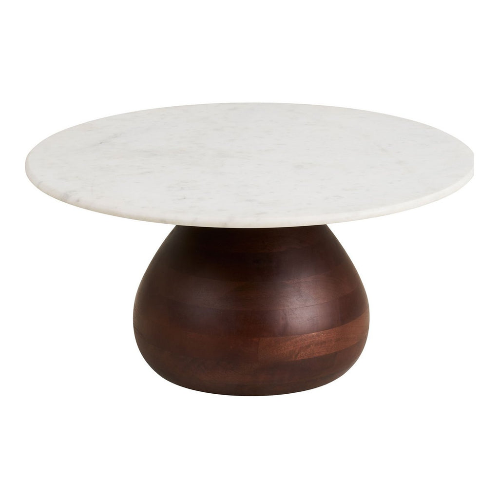 Table Basse Heide - Manguier Marron Foné & Plateau Marbre Blanc, Ø70x35 cm