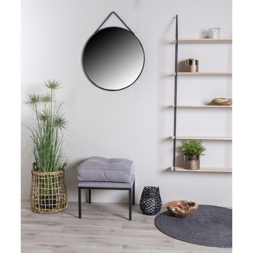 Miroir Trapani - Noir, Acier, Cuir Artificiel, Ø38cm