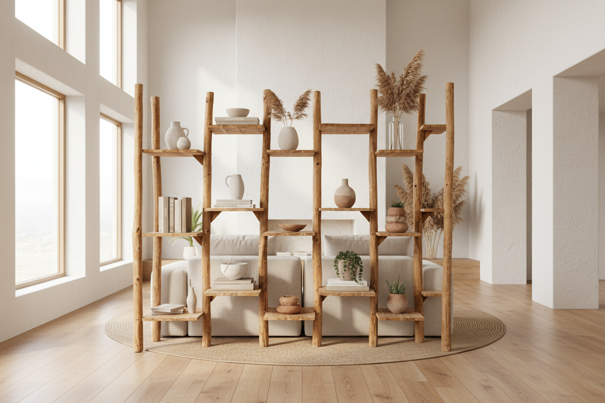 Étagères Fabulook Rack en teck brut stylisées dans un intérieur lumineux minimaliste